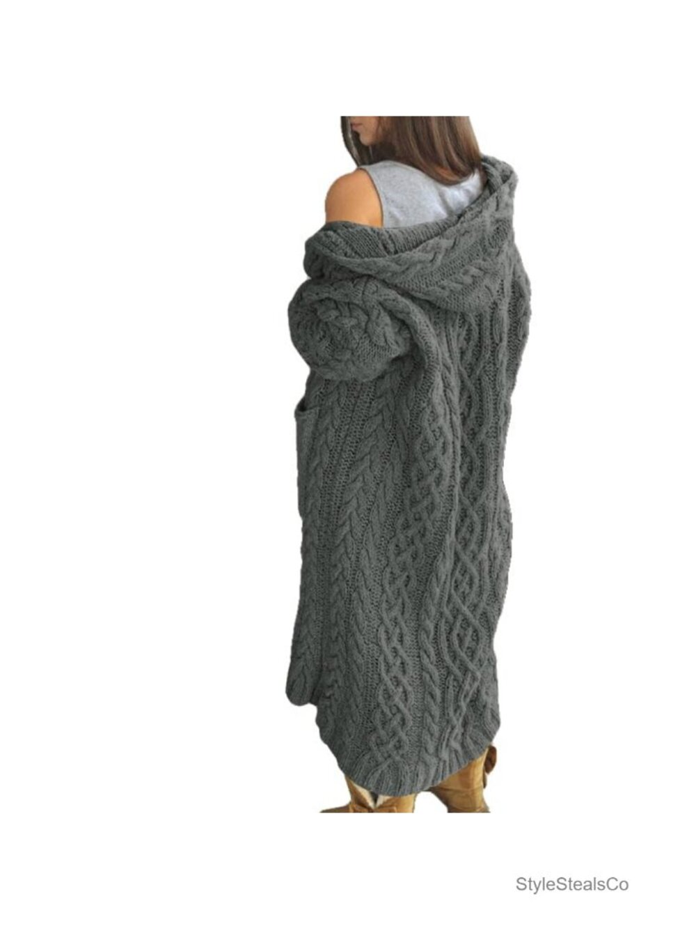 Women's Long Open Front Cable Knit Cardigan Sweater with Pockets